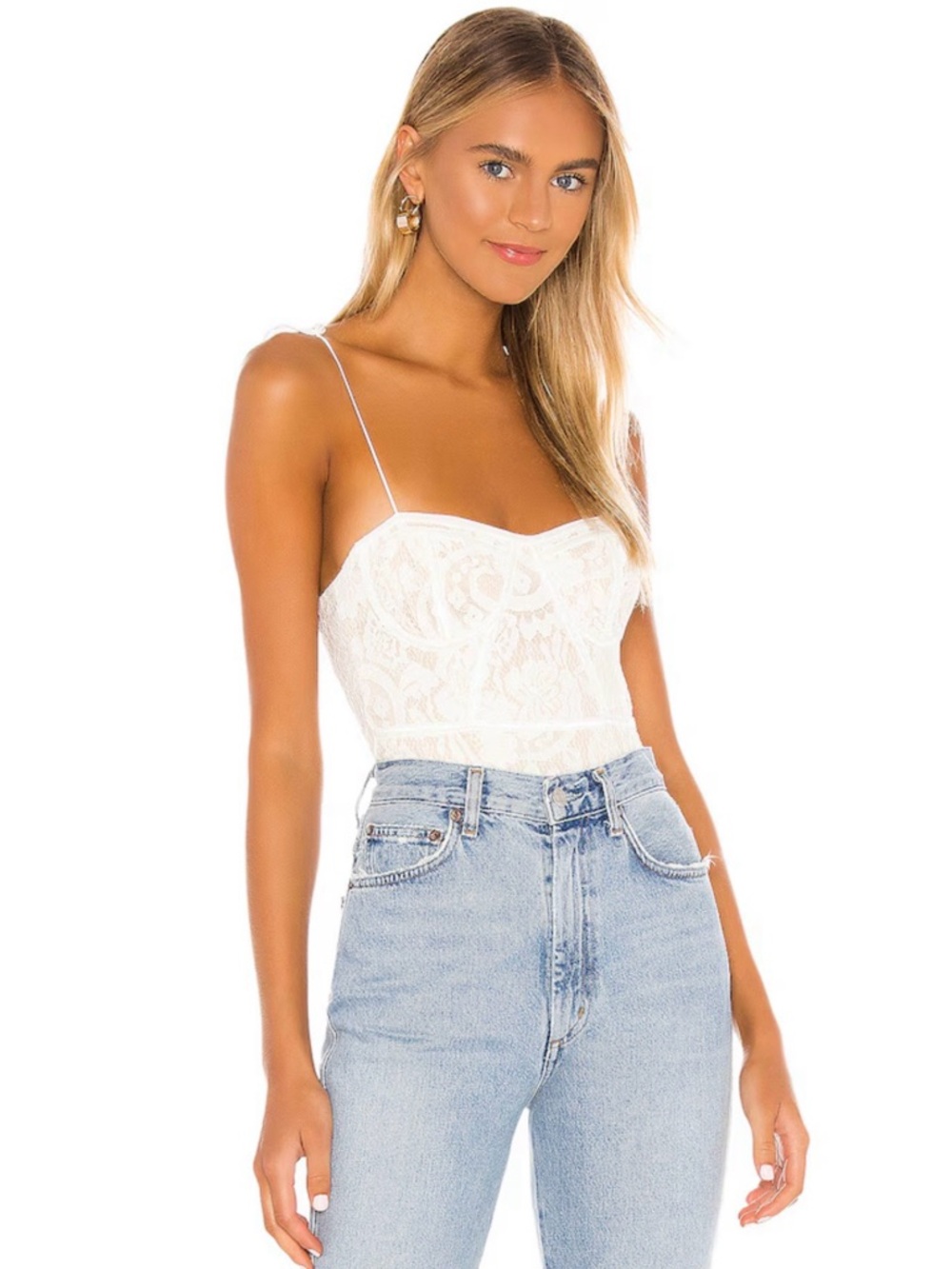 Revolve Stasia Lace Bodysuit in White & Nude